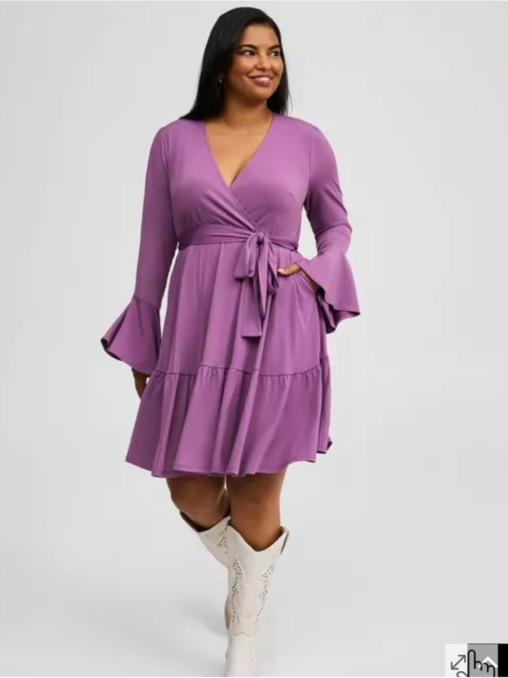 NWT Torrid 1X Purple Mini Studio Knit Tiered Dress, Pockets, Bell Sleeves